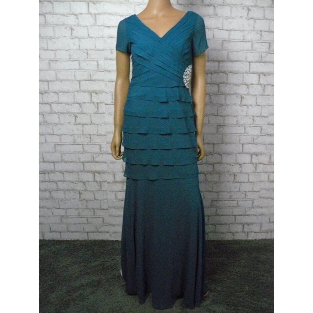One by Eight Teal Blue Layered Chiffon Embellished Tiered Gown 2 NEW